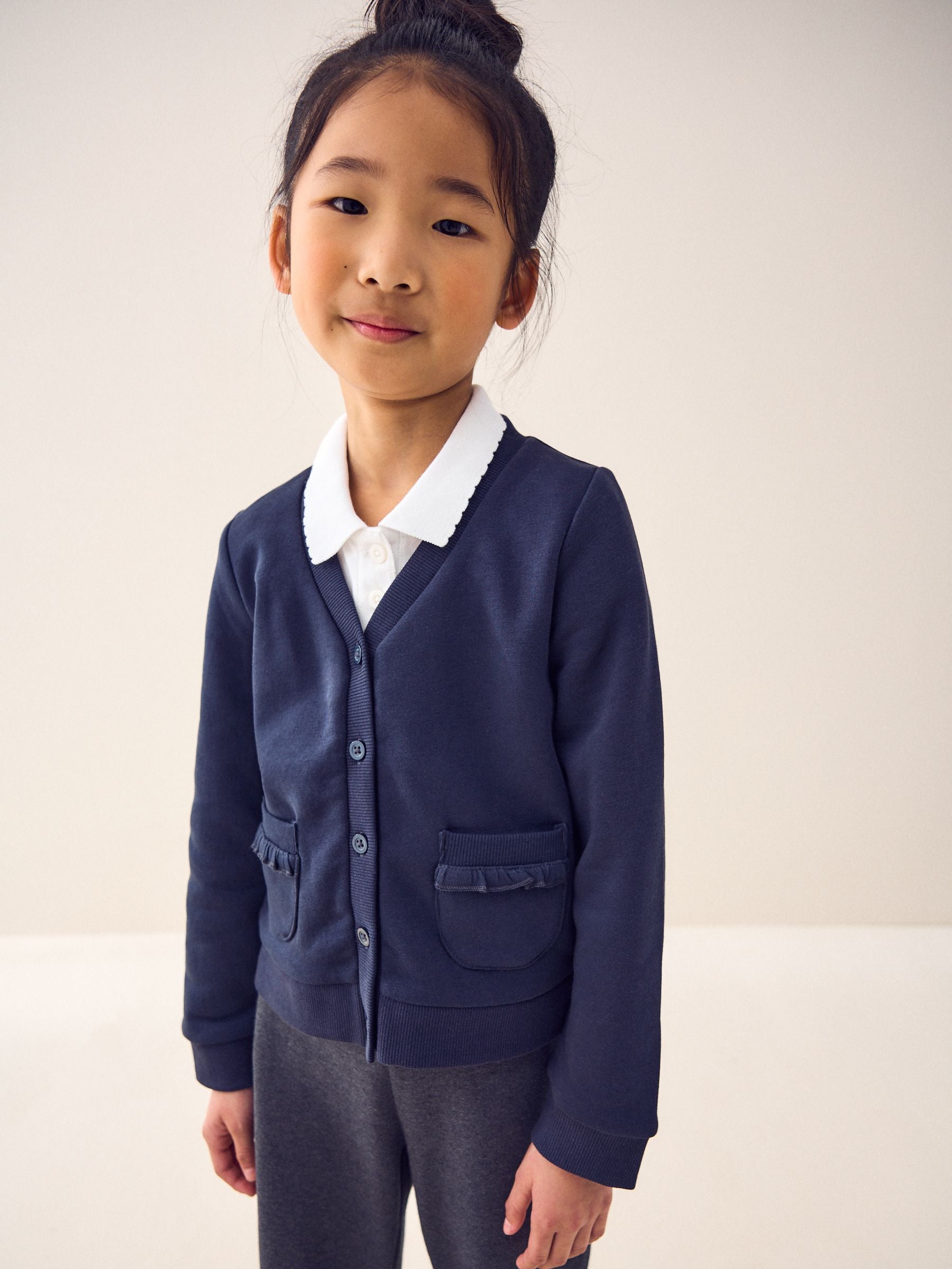 Dsiney Kidz - Navy Blue Cotton Rich Frill Pocket Jersey School Cardigan (3-16yrs) image 1