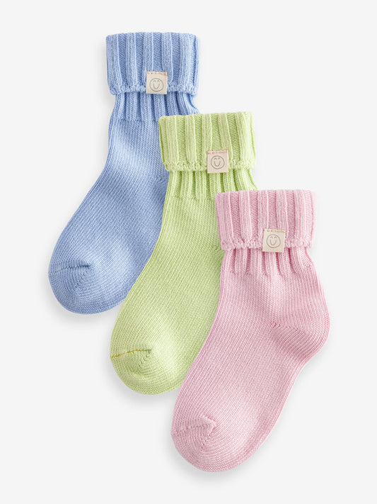PInk, Blue and Green 3 Pack Cotton Rich Roll Top Ankle Socks image 1