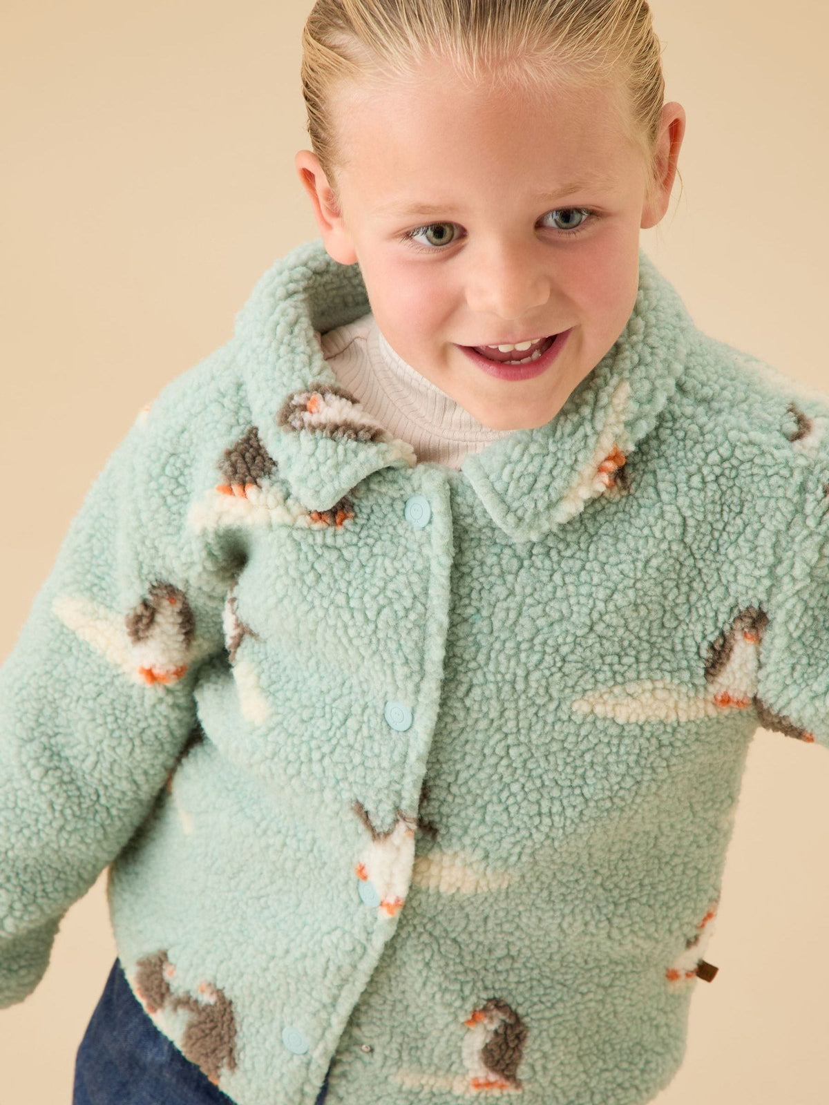 MORI Blue Blue Penguin Print Borg Button Through Shacket - image 1