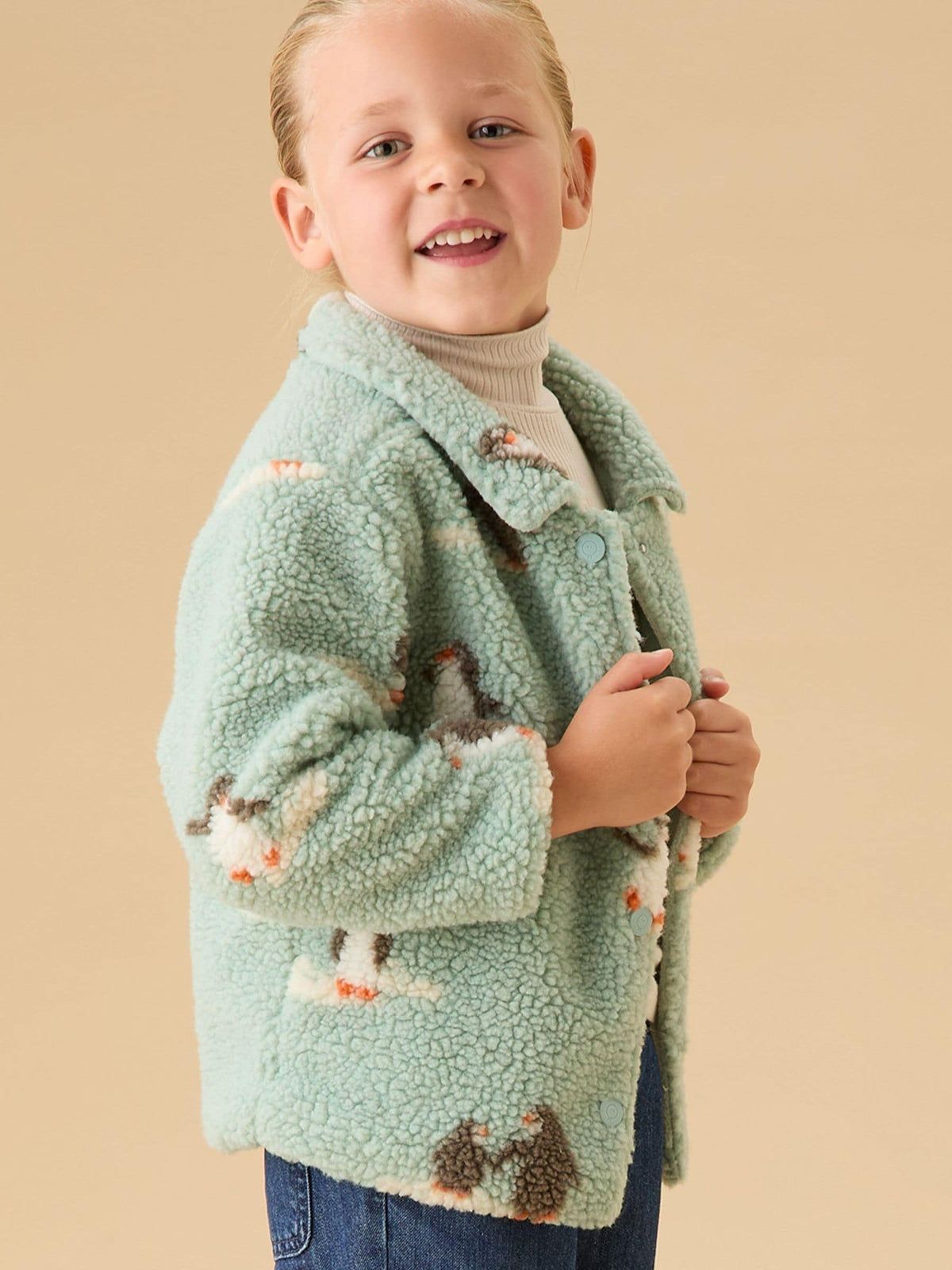 MORI Blue Blue Penguin Print Borg Button Through Shacket - image 2