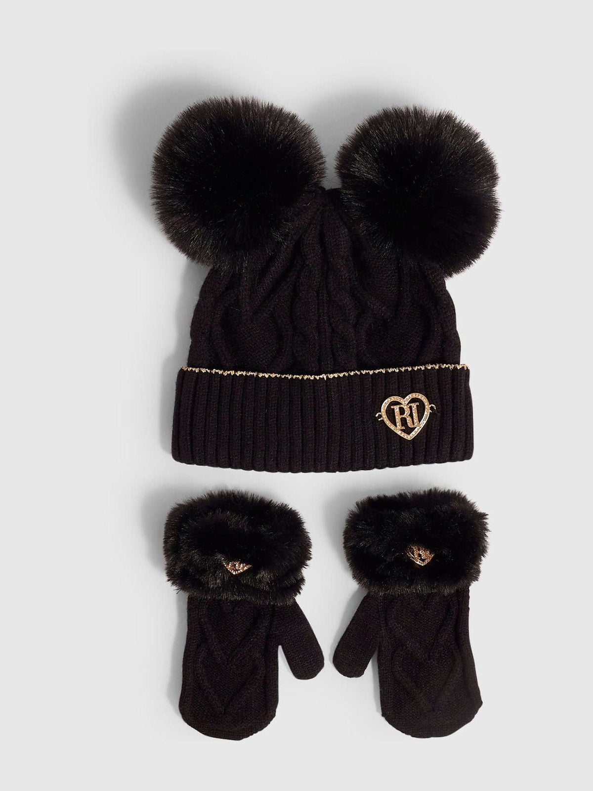 River Island Black Pom Beanie & Gloves Set - image 1