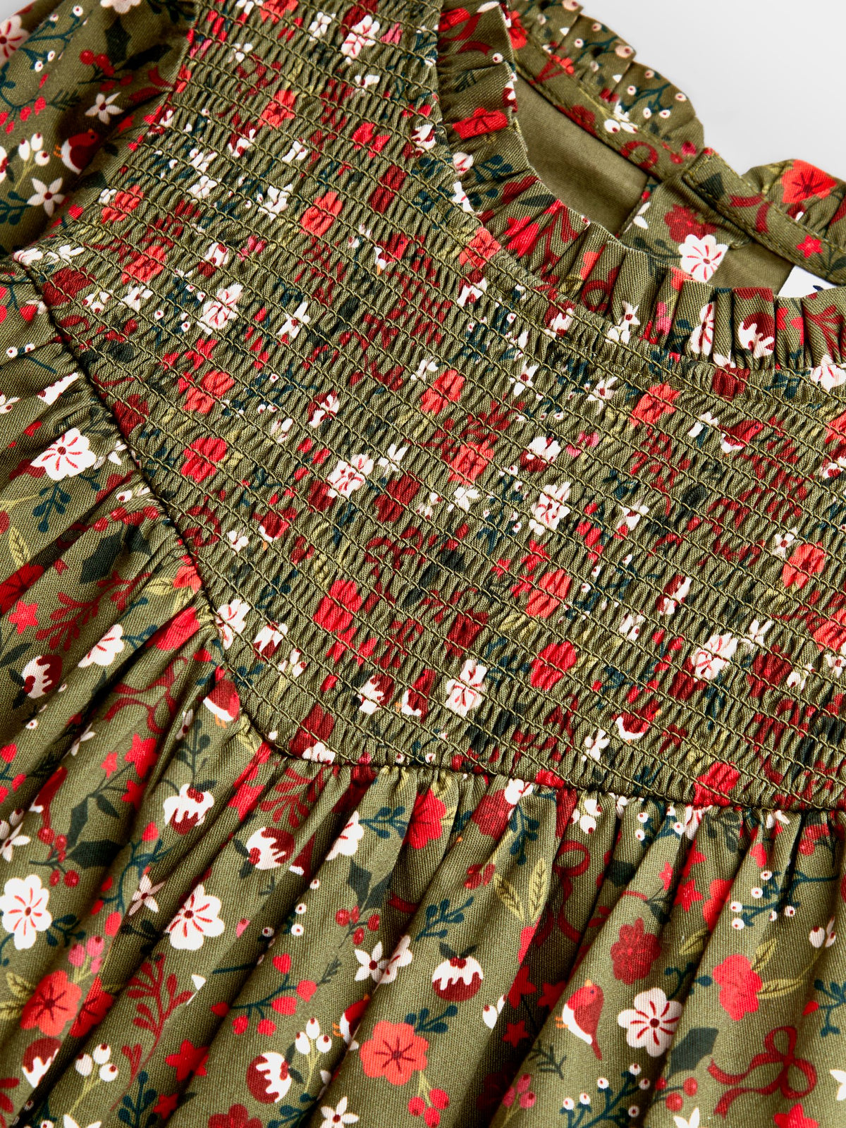 JoJo Maman Bébé Olive Green Christmas Print Smocked Dress - image 3