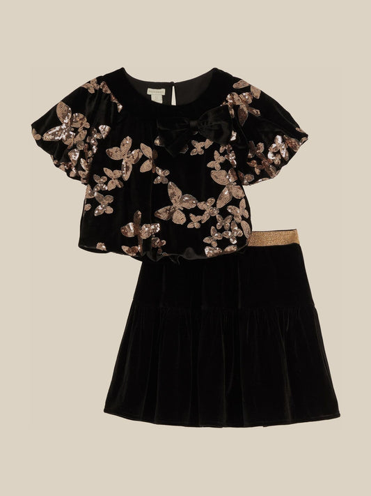 Monsoon Black Sequin Butterfly Velvet Top & Skirt Set - image 1
