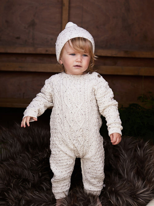 Oatmeal Cable Knit 100% Cotton Romper And Hat Baby Gift Set image 1