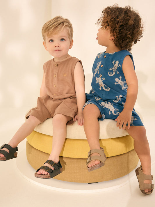 Teal Blue Printed/Brown 100% Cotton Rompers 2 Pack (3mths-7yrs) image 1