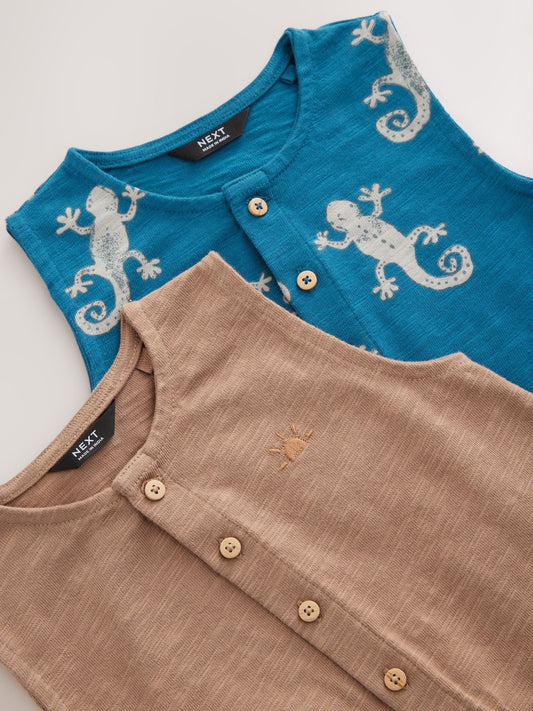 Teal Blue Printed/Brown 100% Cotton Rompers 2 Pack (3mths-7yrs) image 3