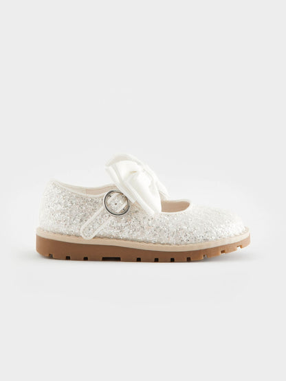 White Glitter Bow Wide Fit (G) Chunky Bow Mary Jane Shoes image 2