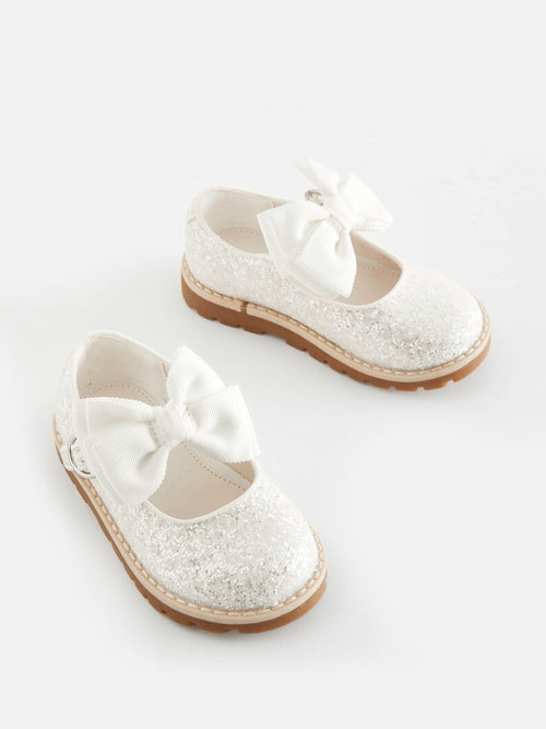 Dsiney Kidz - White Glitter Bow Wide Fit (G) Chunky Bow Mary Jane Shoes image 1
