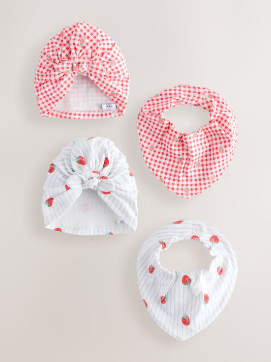 Red Strawberry 4 Piece Baby Turbans And Dibble Bibs Set (0mths-2yrs) image 1