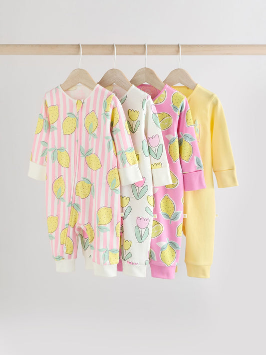 Pink Lemon Baby Two Way Zip Footless 100% Cotton Sleepsuits 4 Pack (0mths-3yrs) image 1