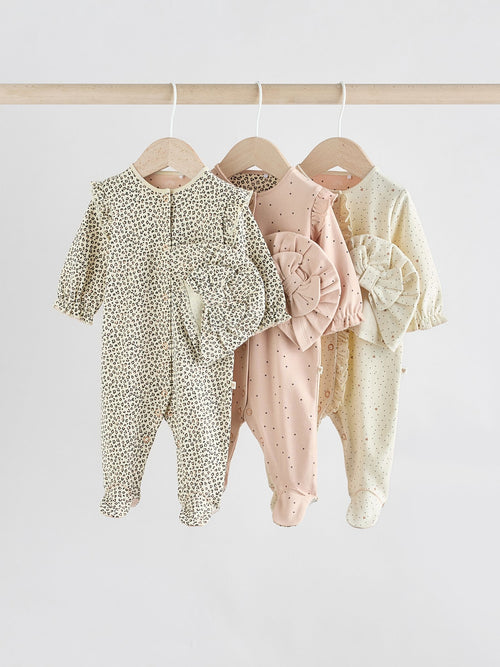 Pink 3 Pack Baby Sleepsuits with Matching Turbans (0mths-2yrs) image 1
