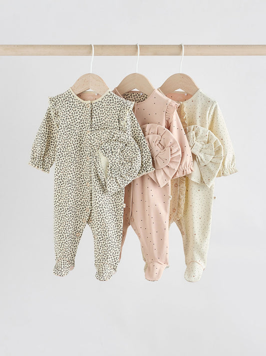 Pink 3 Pack Baby Sleepsuits with Matching Turbans (0mths-2yrs) image 1
