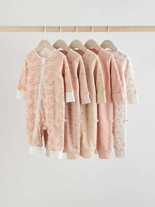 Neutral 5 Pack Two Way Zip Baby Sleepsuits (0mths-3yrs) image 1