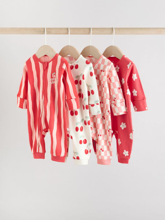 Red Cherry Print Two Way Zip Baby Sleepsuits 4 Pack (0mths-3yrs)