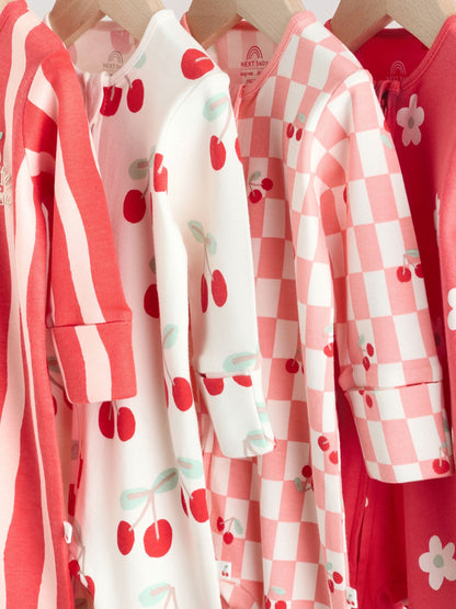 Red Cherry Print Two Way Zip Baby Sleepsuits 4 Pack (0mths-3yrs)