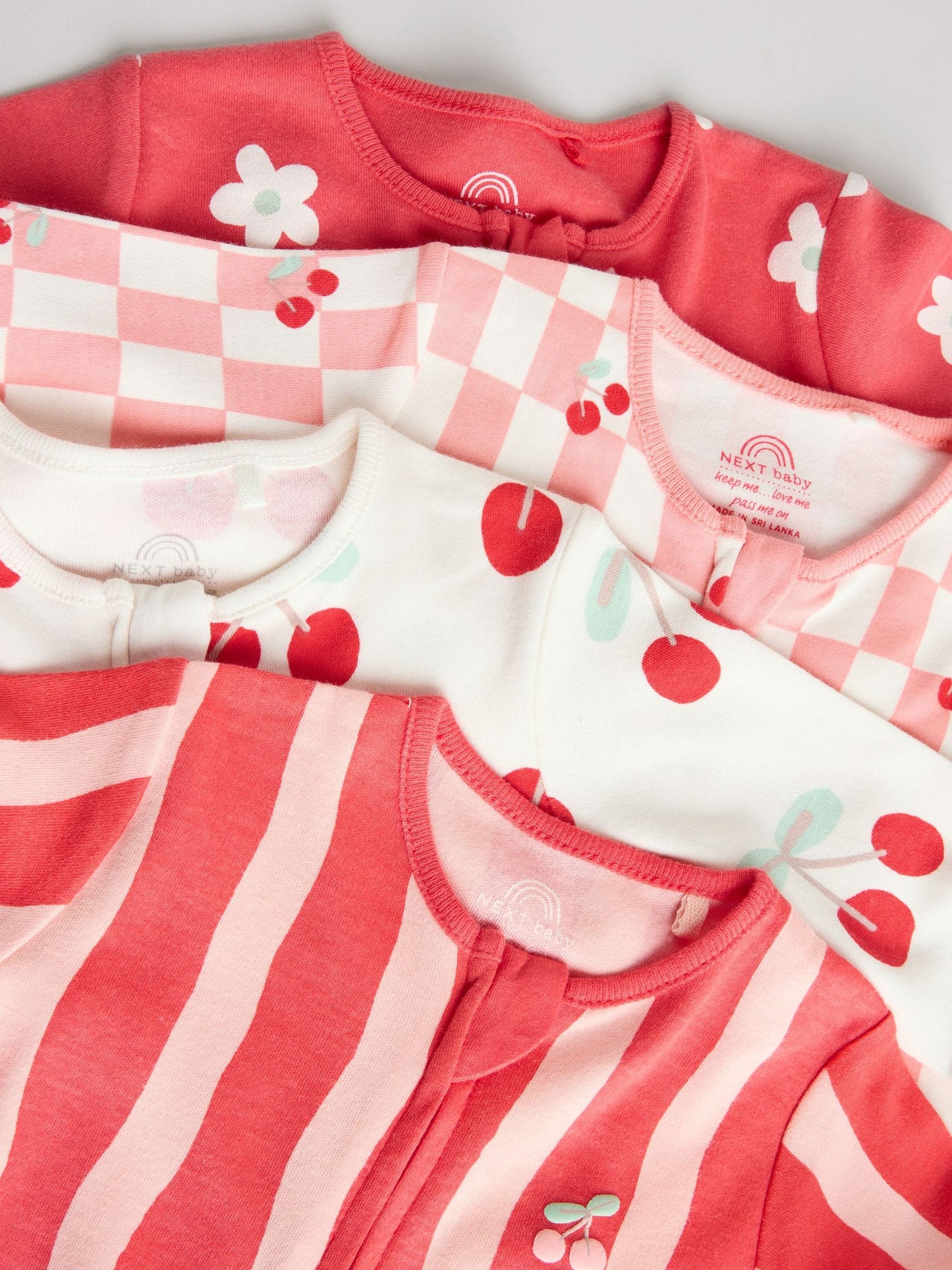 Red Cherry Print Two Way Zip Baby Sleepsuits 4 Pack (0mths-3yrs)