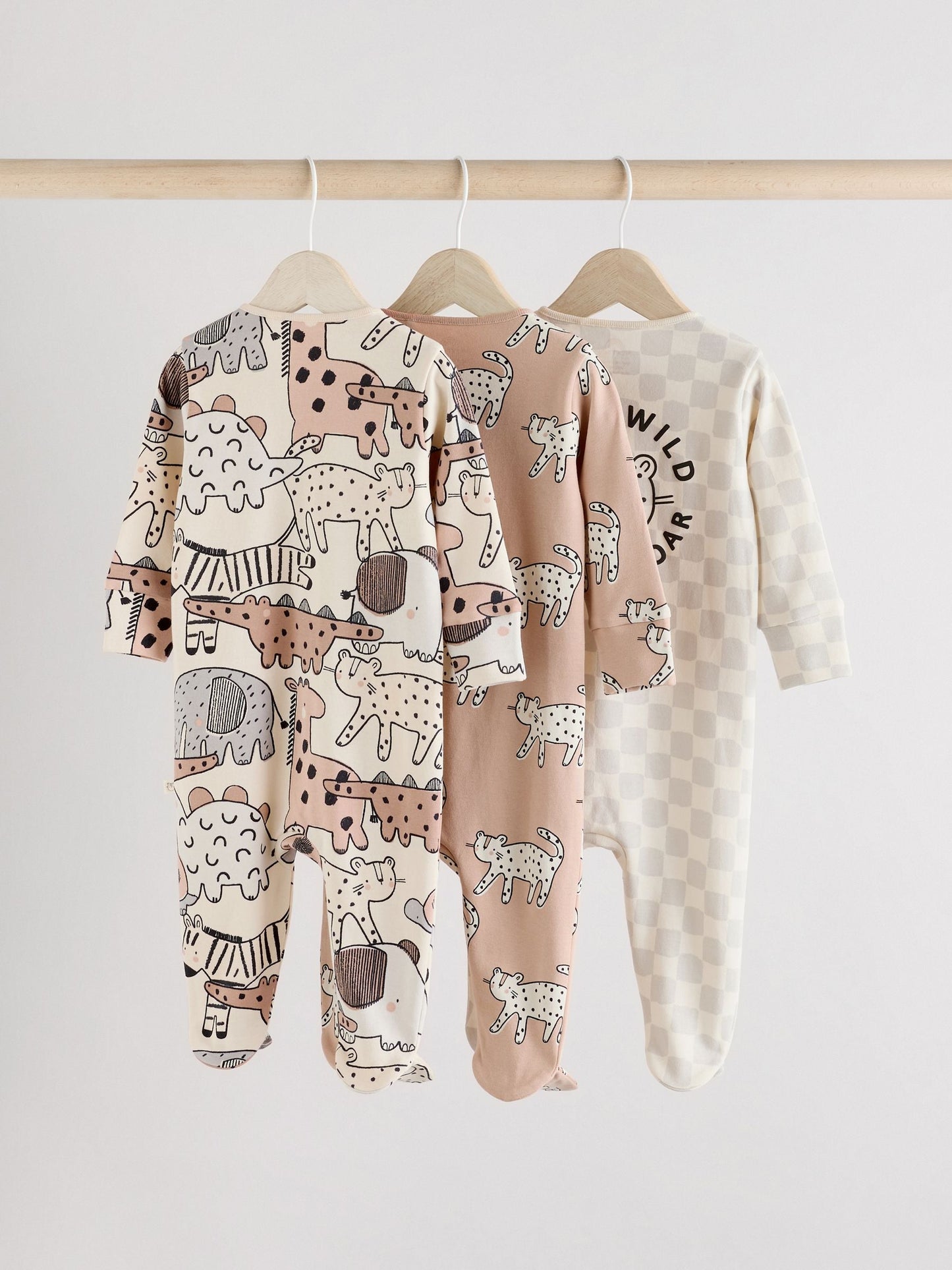 Brown/Cream Baby Two Way Zip Sleepsuits 3 Pack (0-2yrs)