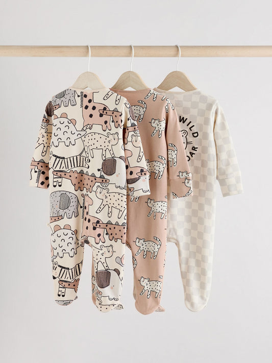 Brown/Cream Baby Two Way Zip Sleepsuits 3 Pack (0-2yrs)