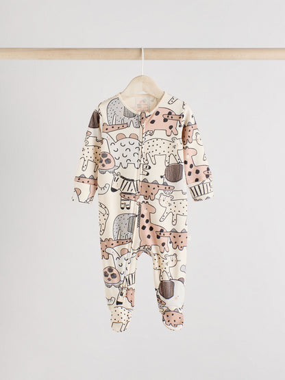 Brown/Cream Baby Two Way Zip Sleepsuits 3 Pack (0-2yrs)