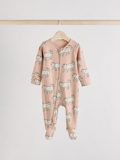 Brown/Cream Baby Two Way Zip Sleepsuits 3 Pack (0-2yrs)