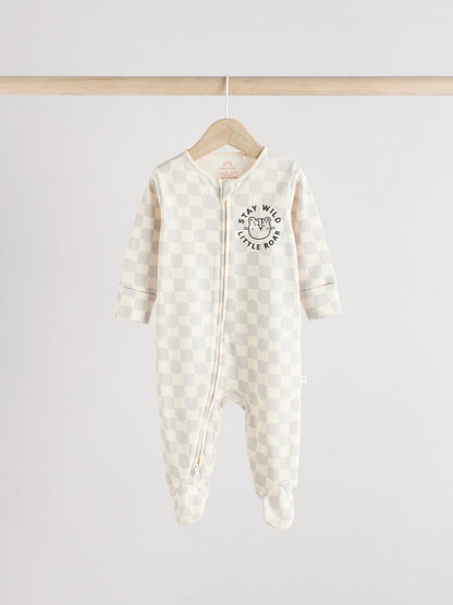 Brown/Cream Baby Two Way Zip Sleepsuits 3 Pack (0-2yrs)