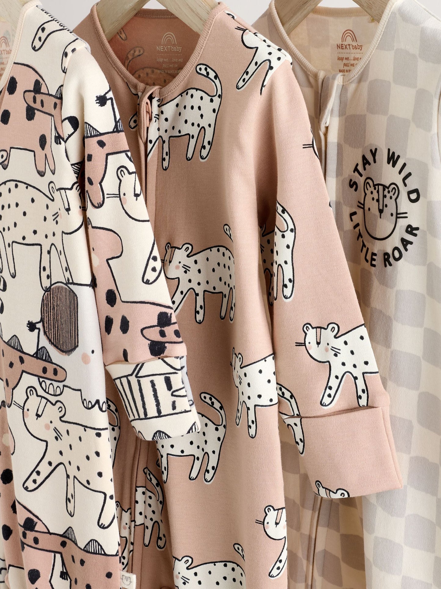 Brown/Cream Baby Two Way Zip Sleepsuits 3 Pack (0-2yrs)