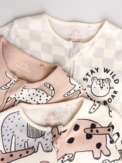 Brown/Cream Baby Two Way Zip Sleepsuits 3 Pack (0-2yrs)