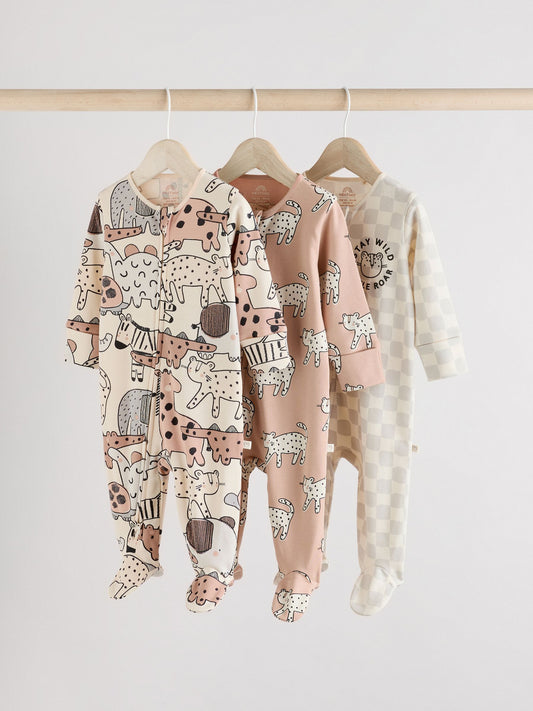 Brown/Cream Baby Two Way Zip Sleepsuits 3 Pack (0-2yrs) image 1