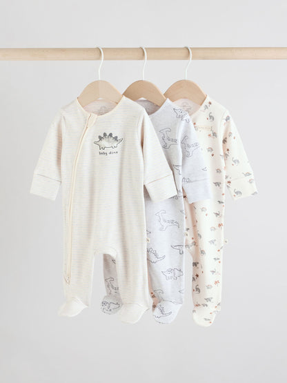 Grey 100% Cotton Two Way Zip Baby Sleepsuits 3 Pack (0-2yrs)