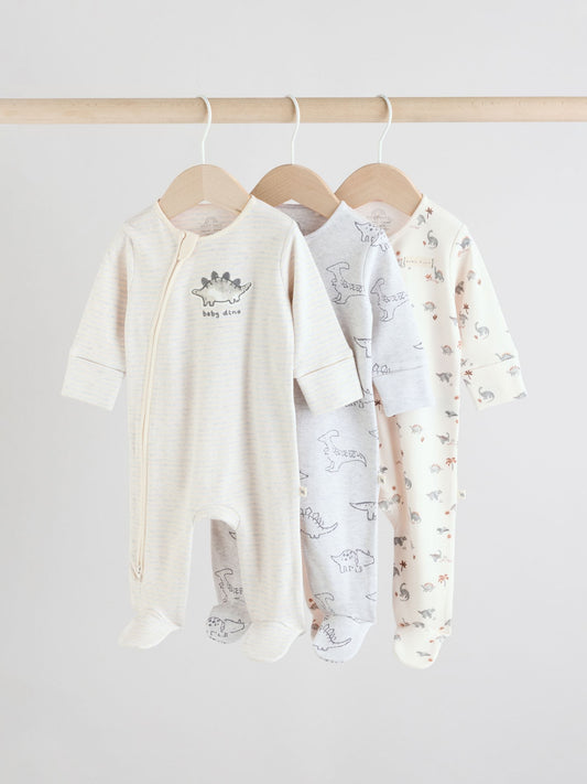 Grey 100% Cotton Two Way Zip Baby Sleepsuits 3 Pack (0-2yrs)