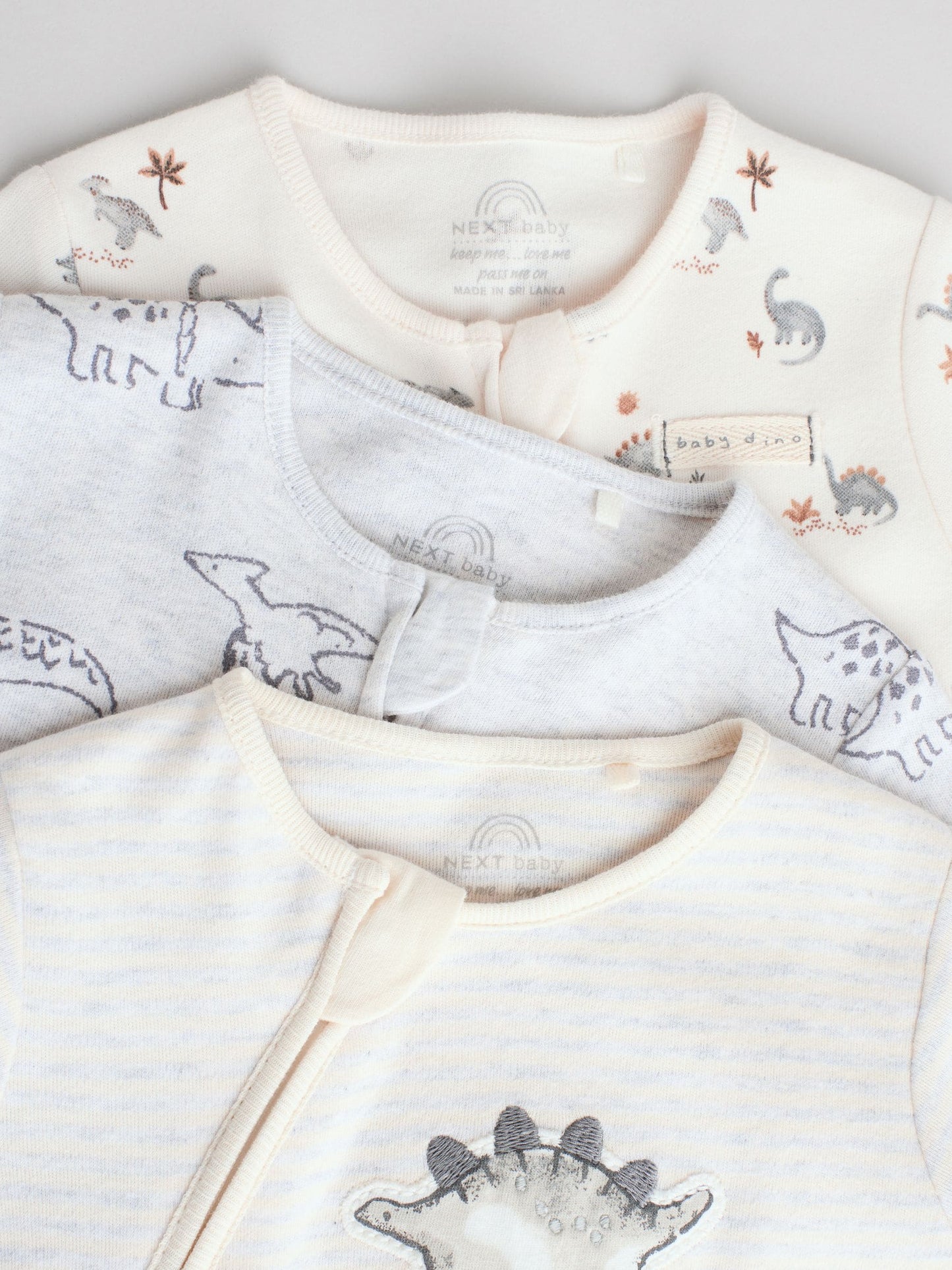 Grey 100% Cotton Two Way Zip Baby Sleepsuits 3 Pack (0-2yrs)