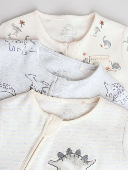 Grey 100% Cotton Two Way Zip Baby Sleepsuits 3 Pack (0-2yrs)