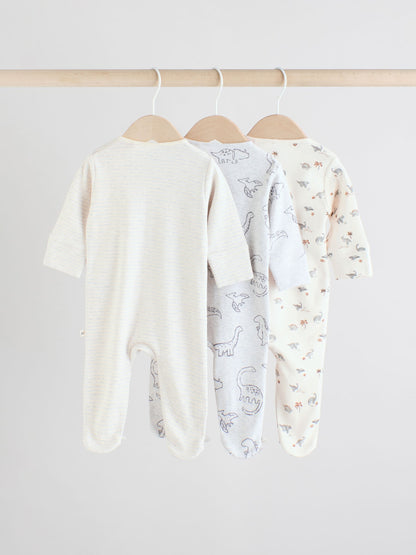 Grey 100% Cotton Two Way Zip Baby Sleepsuits 3 Pack (0-2yrs)