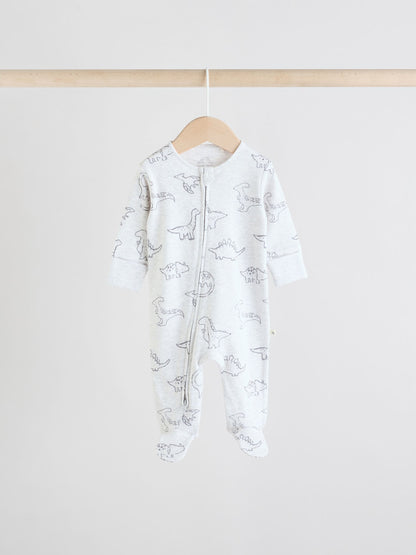 Grey 100% Cotton Two Way Zip Baby Sleepsuits 3 Pack (0-2yrs)