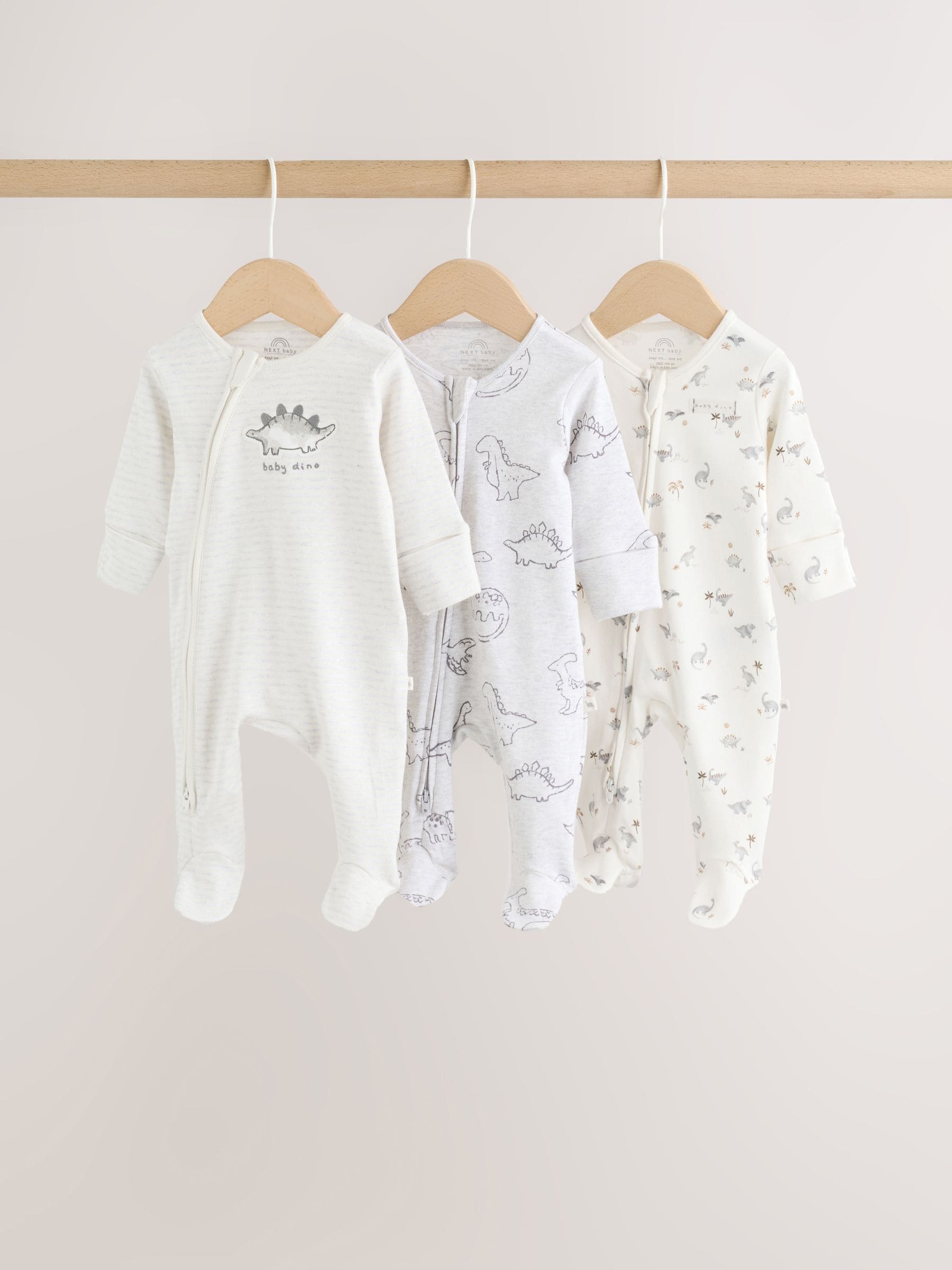 Grey Baby Two Way Zip Sleepsuits 3 Pack (0-2yrs) image 1