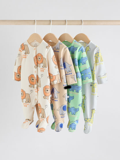 Multi 4 Pack Animal Baby 100% Cotton Sleepsuits (0mths-2yrs)