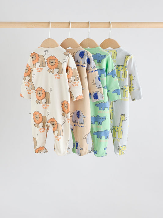 Multi 4 Pack Animal Baby 100% Cotton Sleepsuits (0mths-2yrs)