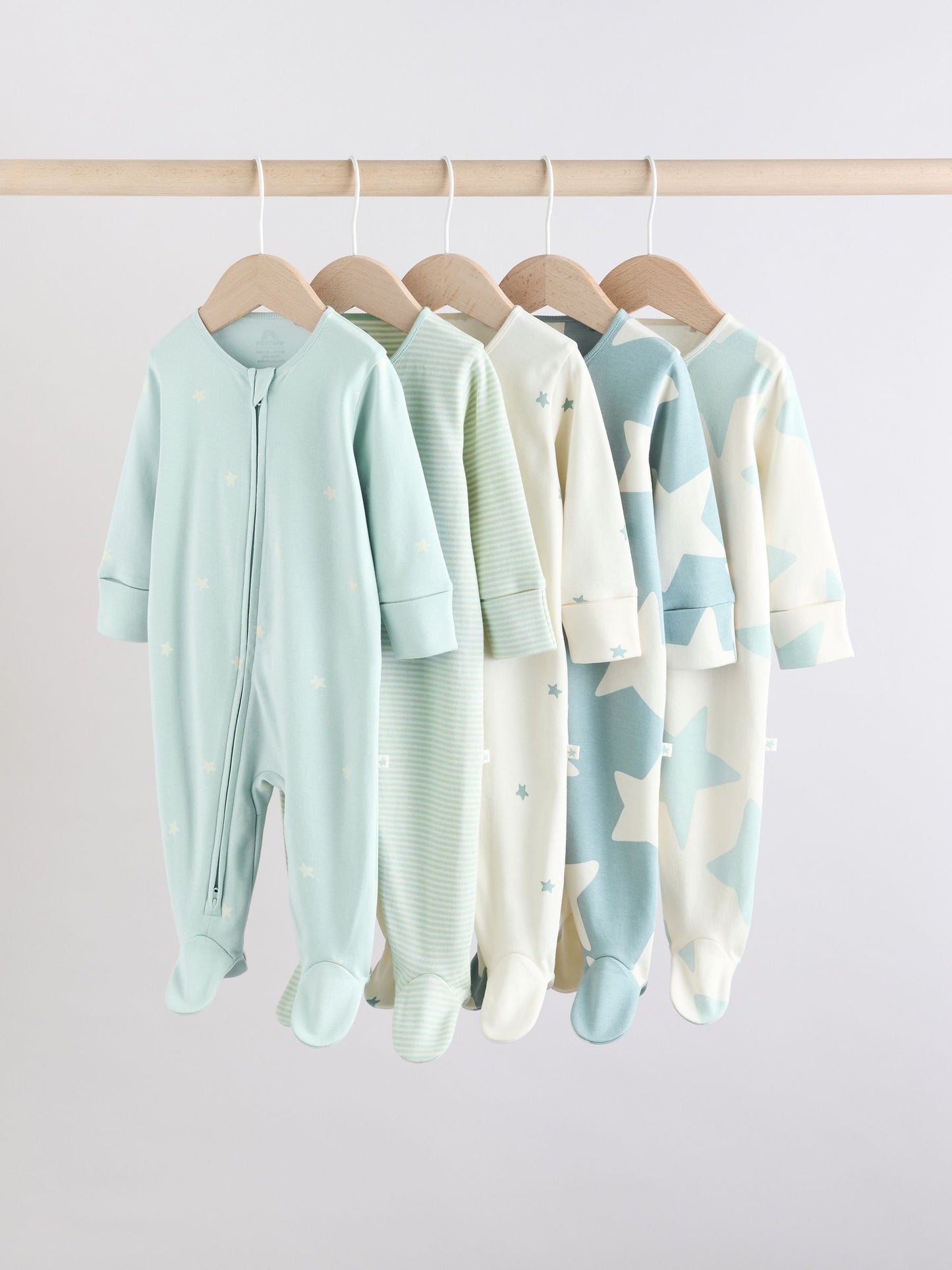Sage Green 100% Cotton Two Way Zip Baby Sleepsuits 5 Pack (0mths-2yrs)