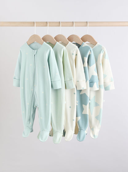 Sage Green 100% Cotton Two Way Zip Baby Sleepsuits 5 Pack (0mths-2yrs)