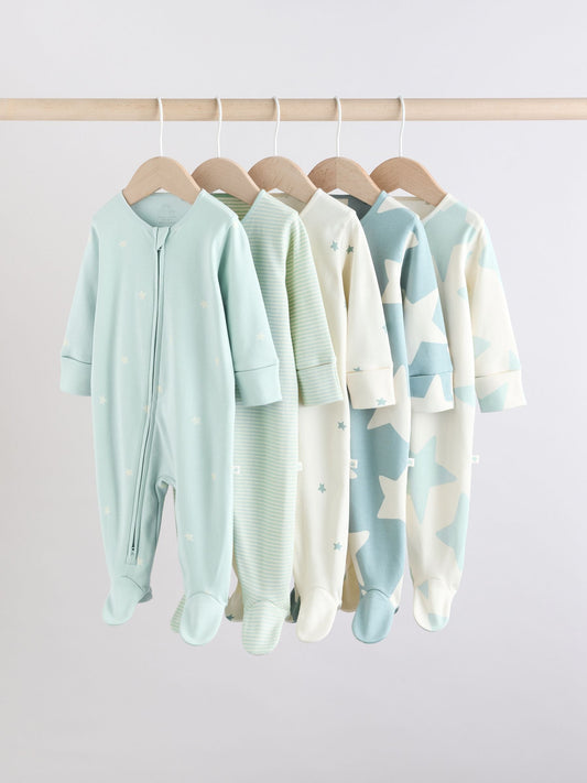 Sage Green 100% Cotton Two Way Zip Baby Sleepsuits 5 Pack (0mths-2yrs)
