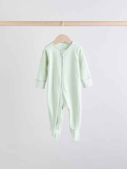 Sage Green 100% Cotton Two Way Zip Baby Sleepsuits 5 Pack (0mths-2yrs)