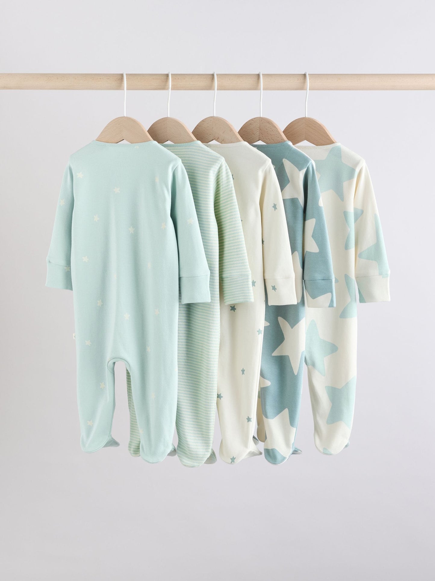 Sage Green 100% Cotton Two Way Zip Baby Sleepsuits 5 Pack (0mths-2yrs)