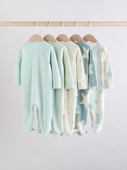 Sage Green 100% Cotton Two Way Zip Baby Sleepsuits 5 Pack (0mths-2yrs)