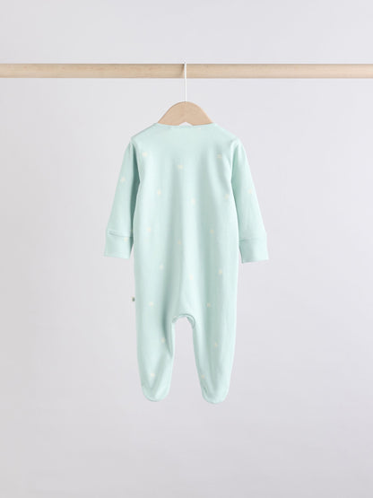 Sage Green 100% Cotton Two Way Zip Baby Sleepsuits 5 Pack (0mths-2yrs)
