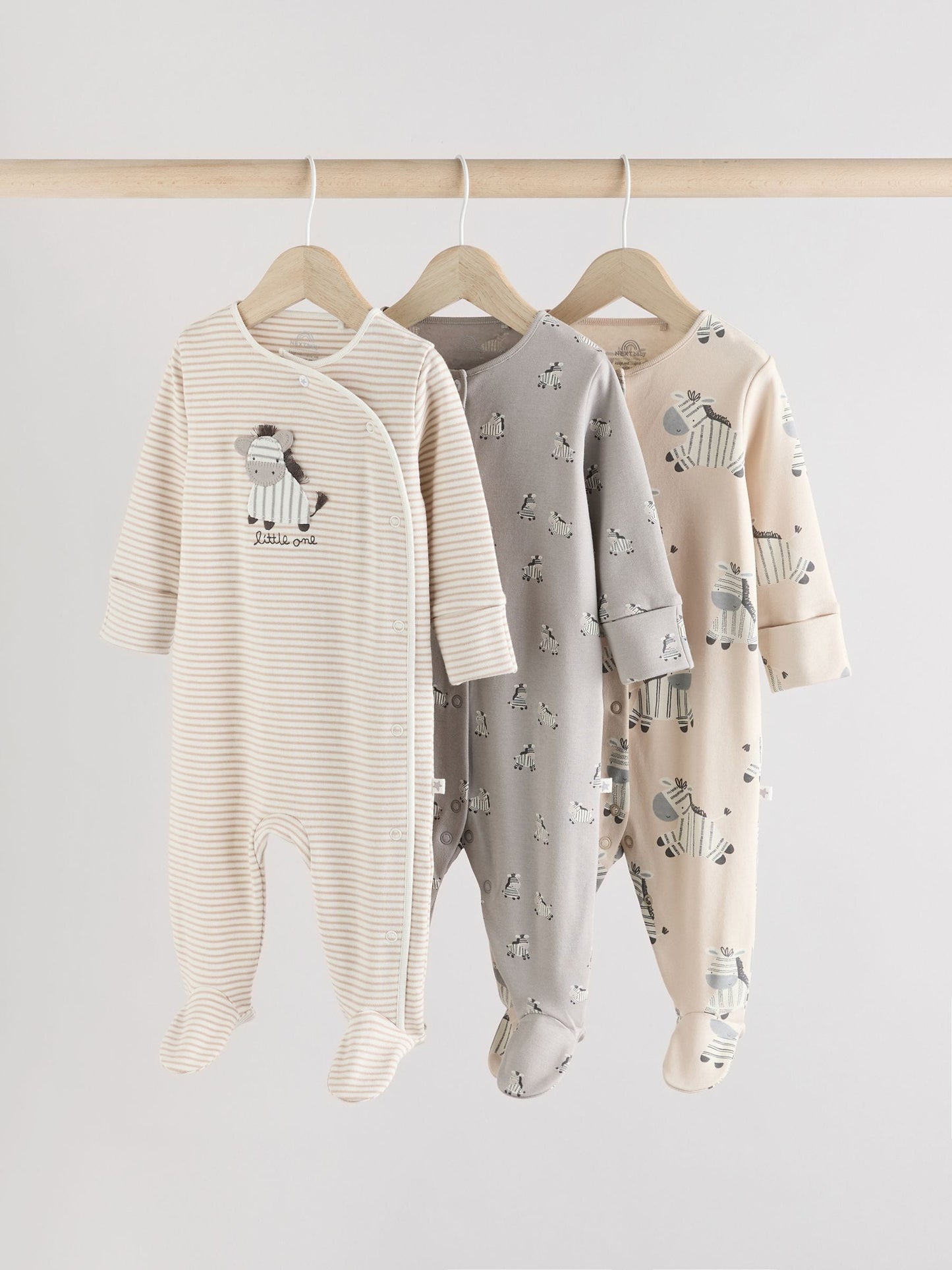 Grey 3 Pack Zebra 100% Cotton Baby Sleepsuits (0-2yrs) image 1