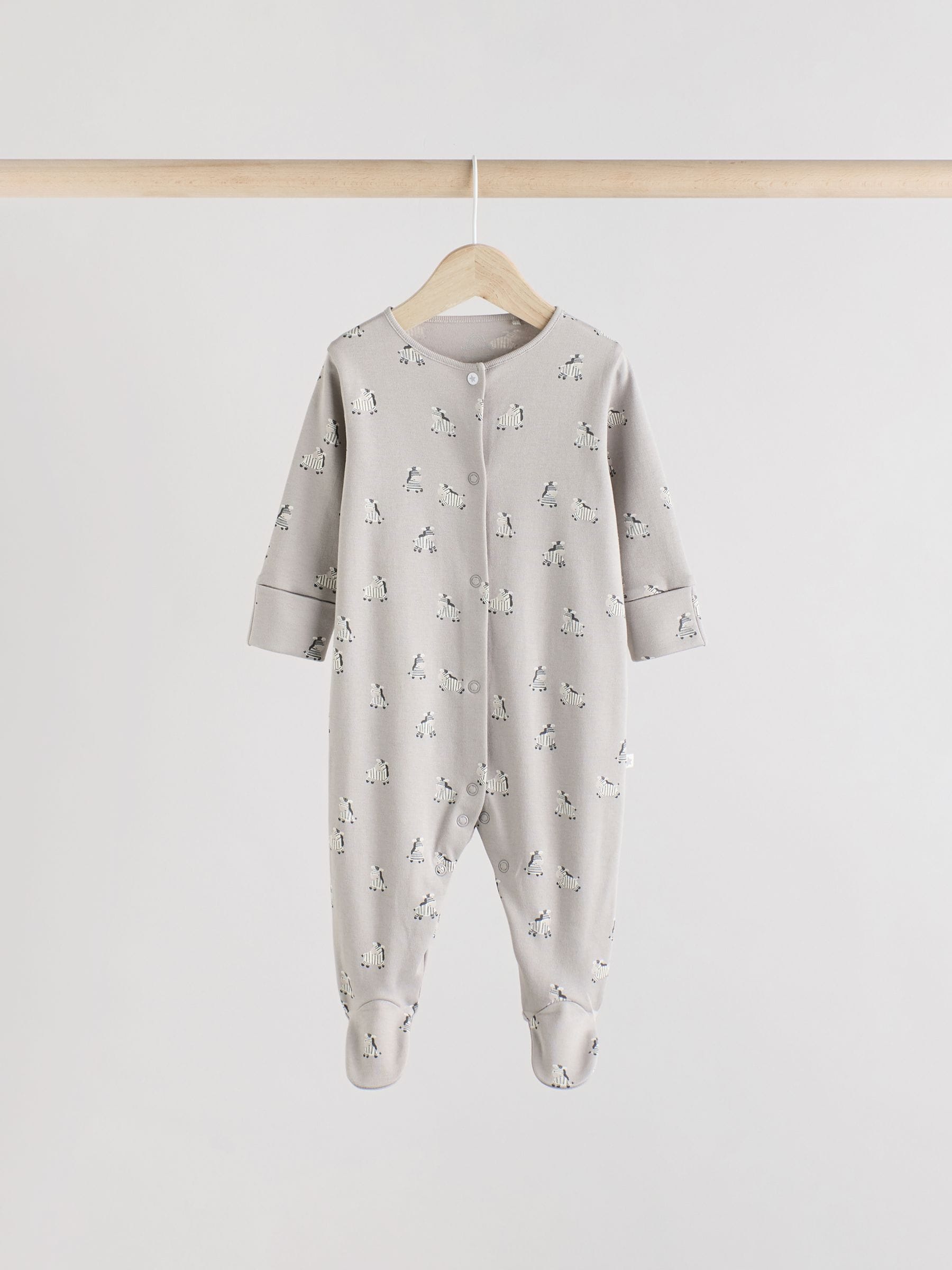 Grey 3 Pack Zebra 100% Cotton Baby Sleepsuits (0-2yrs) image 3