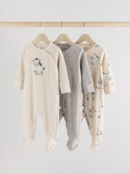 Grey 3 Pack Zebra 100% Cotton Baby Sleepsuits (0-2yrs) image 1