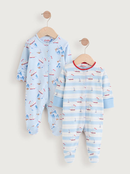 Blue/White Nautical Cath Kidston Baby 100% Cotton Sleepsuits 2 Pack