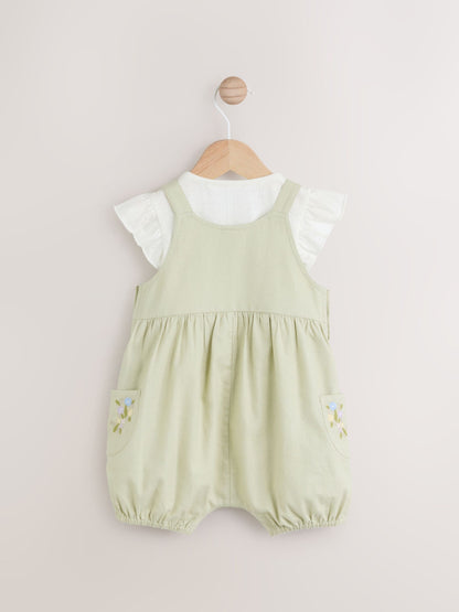 Sage Green Embroidered Floral Short Sleeve 100% Cotton Bodysuit And Leg Baby Dungaree Set (0mths-2yrs)