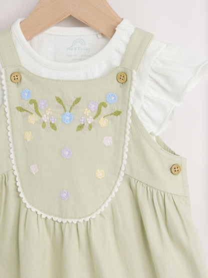 Sage Green Embroidered Floral Short Sleeve 100% Cotton Bodysuit And Leg Baby Dungaree Set (0mths-2yrs)